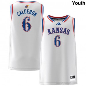 Jayhawks White Samis Calderon #6 Basketball Jersey - Genuine Youth NCAA Hoops Stitched 92034005